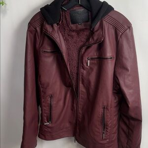 American Breed Men's Burgundy Faux Leather Bomber Jacket with Black Hood
